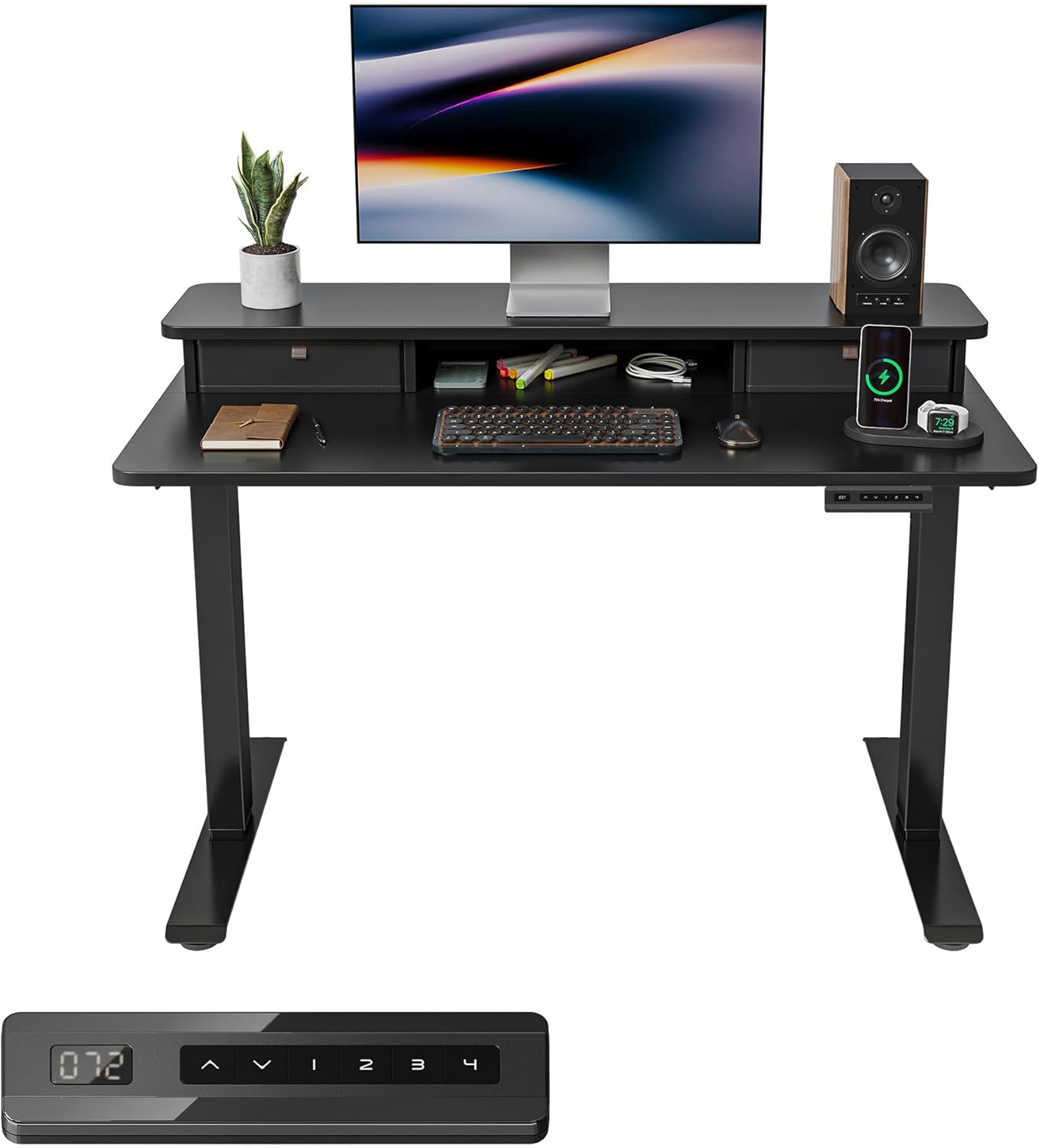 FEZIBO 40 x 24 Inch Height Adjustable Electric Standing Desk with Double Drawer, Computer Desk, Home Office Stand Up Table with 4 Height-Adjustable Feets & 2 Hooks, Black