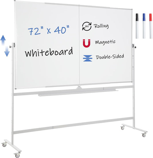 FORTUNO Large Magnetic Mobile Whiteboard 72"x40", Rolling Double Sided Stand Whiteboard on Wheels, Reversible Adjustable Height/Angle Dry Erase Board Easel White Board for Office Classroom