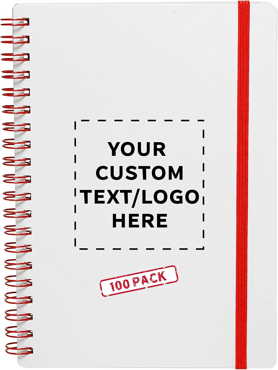 100 White Spiral Notebooks with Elastic Band Pack - Customizable Text, Logo - 80 lined pages, Recycled - Red