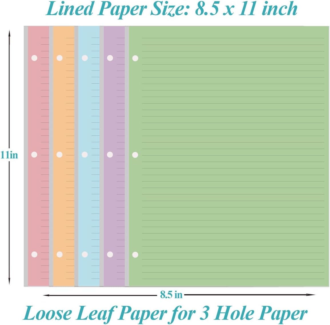 (3-Pack) Colorful 3 Hole Lined Paper - 300 Sheets/600 Pages Loose Leaf Paper Line Refills, Per Color 60 Sheets, 8.5" x 11"