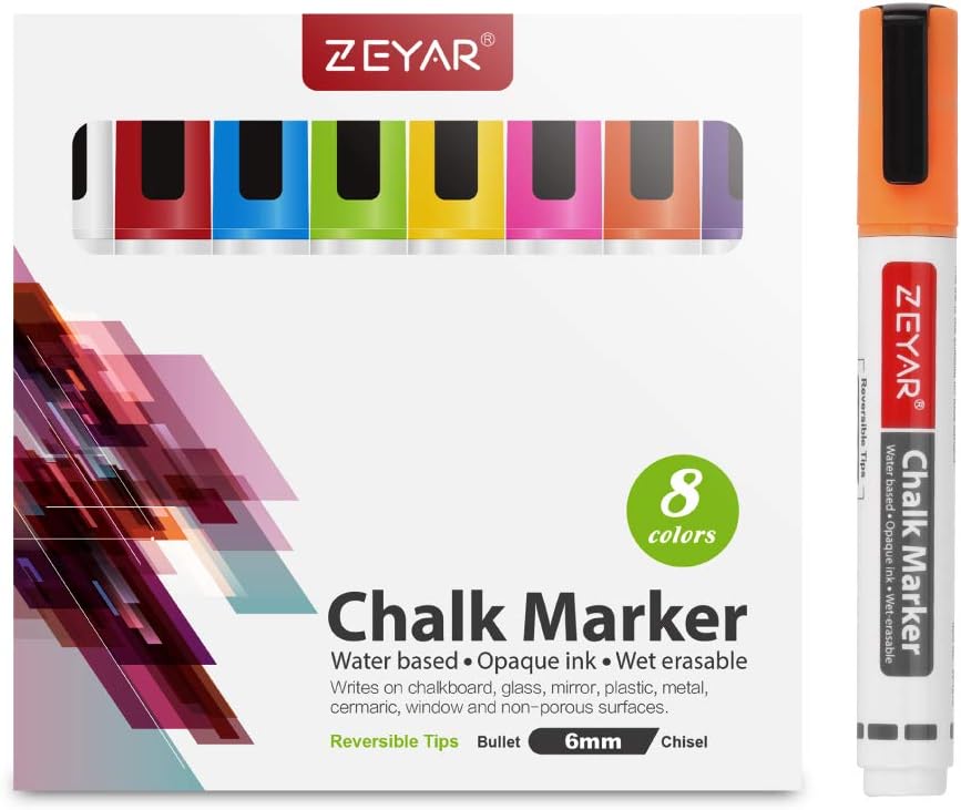 ZEYAR Liquid Chalk Marker-Wet Erase Marker, 6mm Reversible Tip-Bullet or Chisel, 8 Colors, Large Capacity, Writes on Nonporous Chalkboards, Bistro Boards, Windows and Plastic (8 Basic Colors)