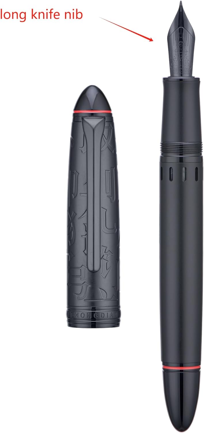 Hongdian N6 Black Metal Resin Piston Fountain Pen Black Long Blade Nib Classic Pen, Includes Metal Box Writing Pen