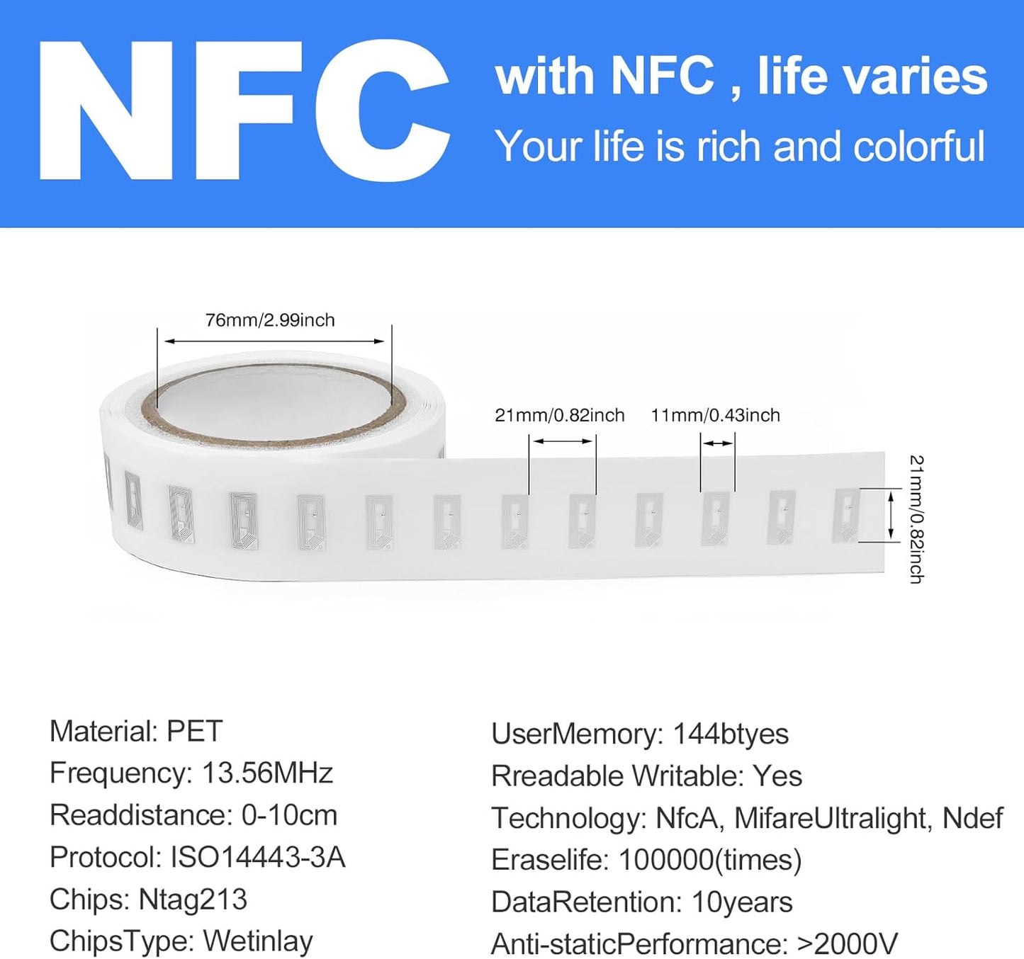 1000 PCS NFC Tags Sticker with NTAG213 Chip Blank NFC Stickers Adhesive Labels RFID Tags Rewritable 137 Bytes Memory Compatible with All NFC-Enabled Smartphones and Devices