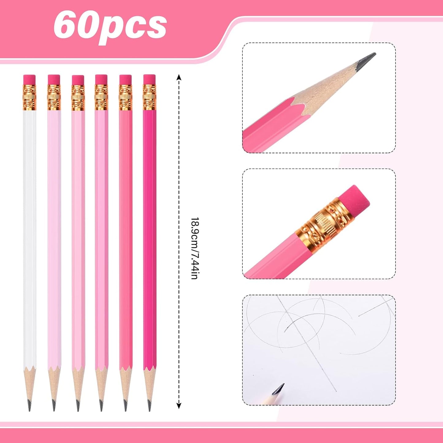 TecUnite 60 Pcs HB Pencils #2 Unsharpened Wood Cased Pencils with Eraser Hexagonal Pencil Cute Graphite No 2 Pen for Adults Gifts Exam School Office Sketching Learning(Pink Series, White)