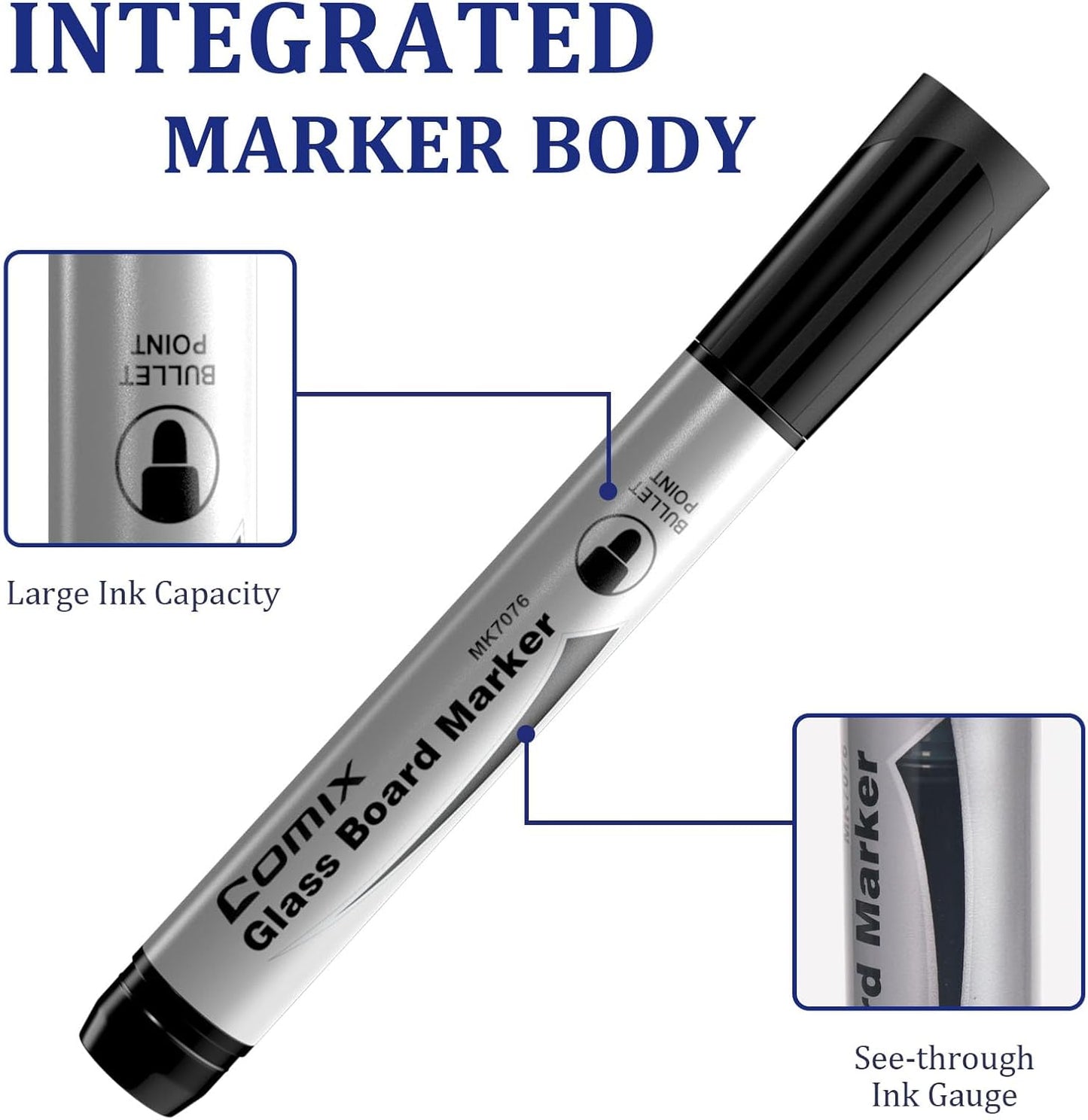 Comix Glass Board Dry Erase Markers, Low Odor Whiteboard Markers, Bullet Tip, 4 Assorted Colors, 12 Pack