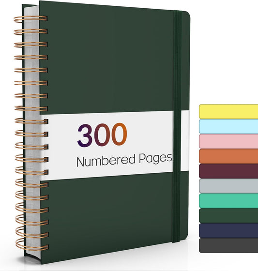 Forvencer A4 Lined Spiral Journal Notebook with 300 Numbered Pages, 11" X 8.5" Thick Journals for Writing with 100GSM Paper, Hardcover Notebooks with Contents for Work, School, Dark Green