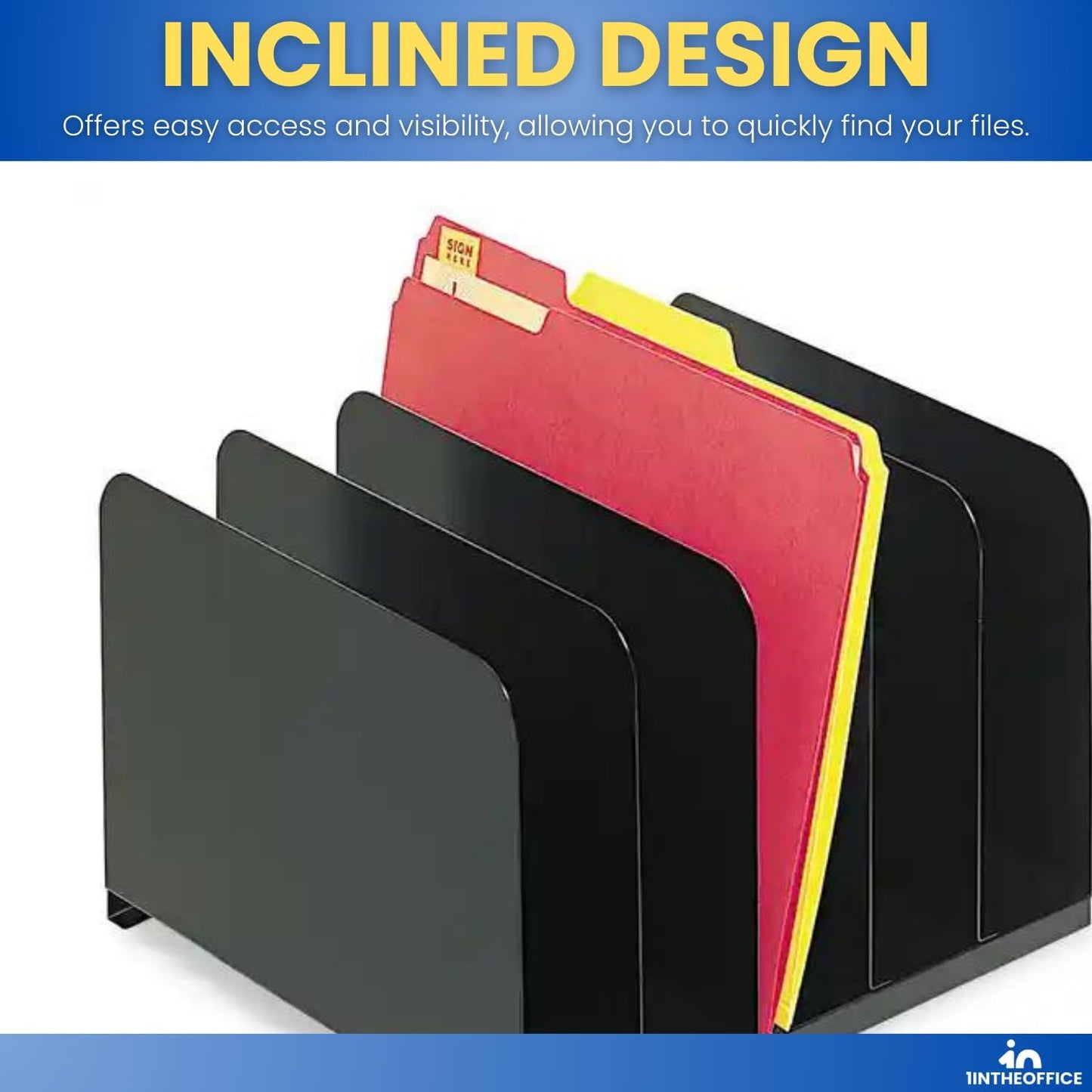 1InTheOffice Inclined File Organizer Desktop, Desk Organizer File Sorter, Plastic Incline Desktop File Sorter, 5 Compartments, Black