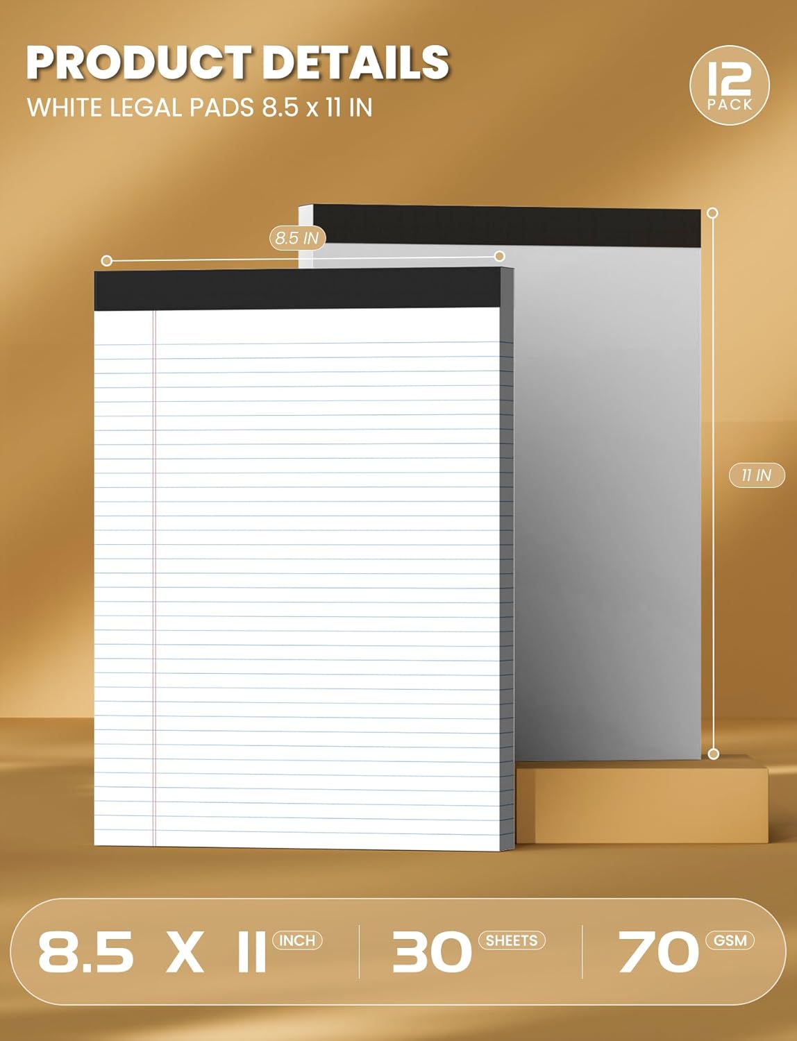 12 Pack White Legal Pads 8.5 x 11 College Ruled, 30 Sheets Per Note Pads 8.5 x 11, Perforated White Lined Paper Pads 8.5 x 11, Writing Pads with Sturdy Backing, Legal Notepads for School, Office, Home