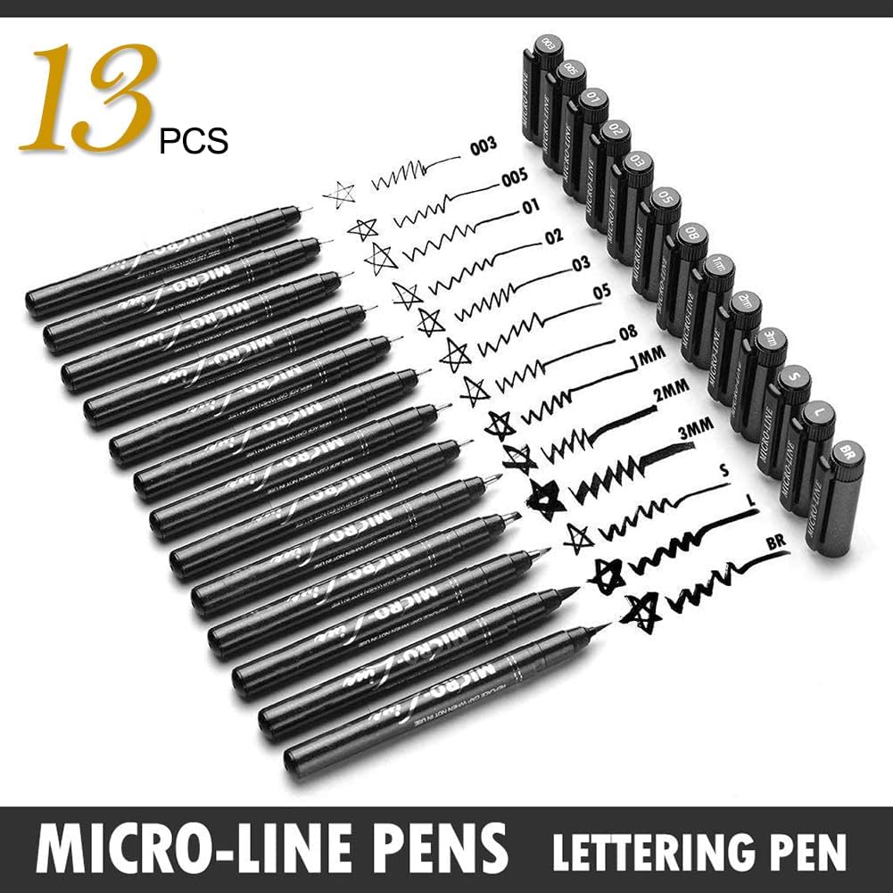 dainayw Micro-Pen Fineliner Ink Pens, 13 Pack Black Micro Fine Point Drawing Pen Waterproof Archival Ink Multiliner Pens for Artist Illustration, Sketching, Technical Drawing, Anime, Manga