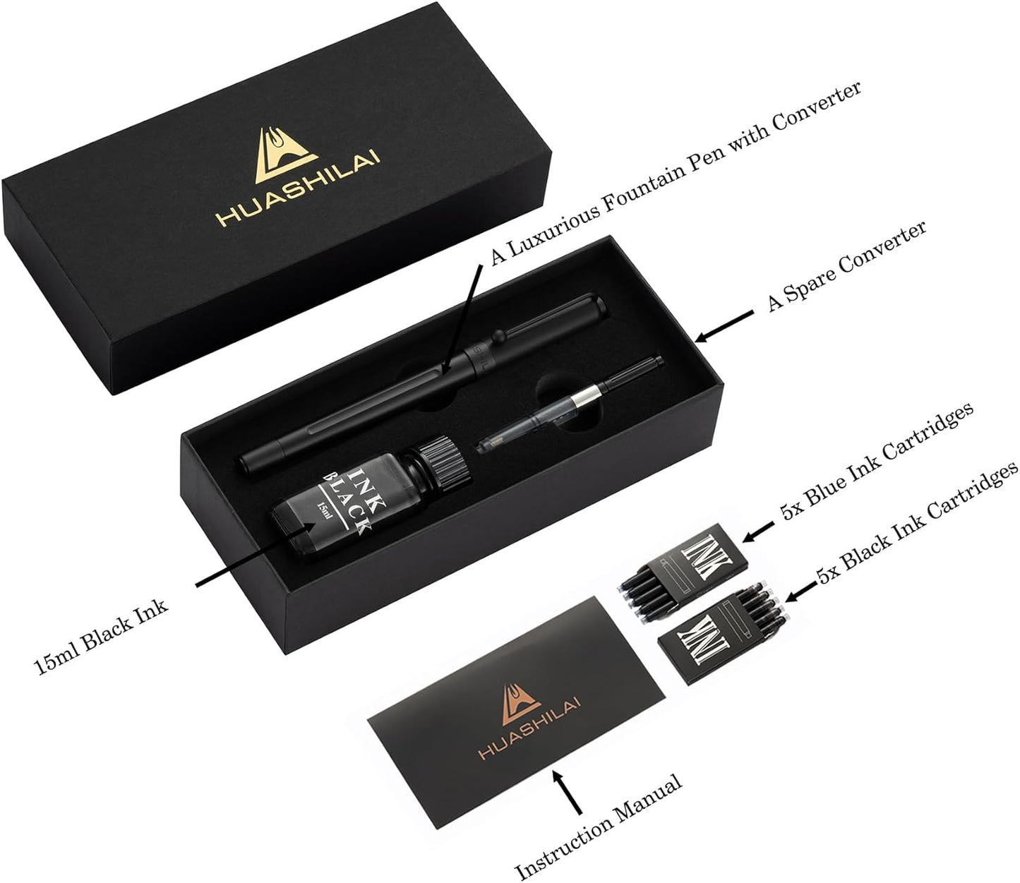 Luxury Matte Black Forest Fountain Pen Set,Titanium Black Extra Fine and Medium Nibs,Includes 2 Ink Converters,10 Ink Cartridges,15ml ink，Premium Gift Case for Calligraphy (Extra Fine Nib)