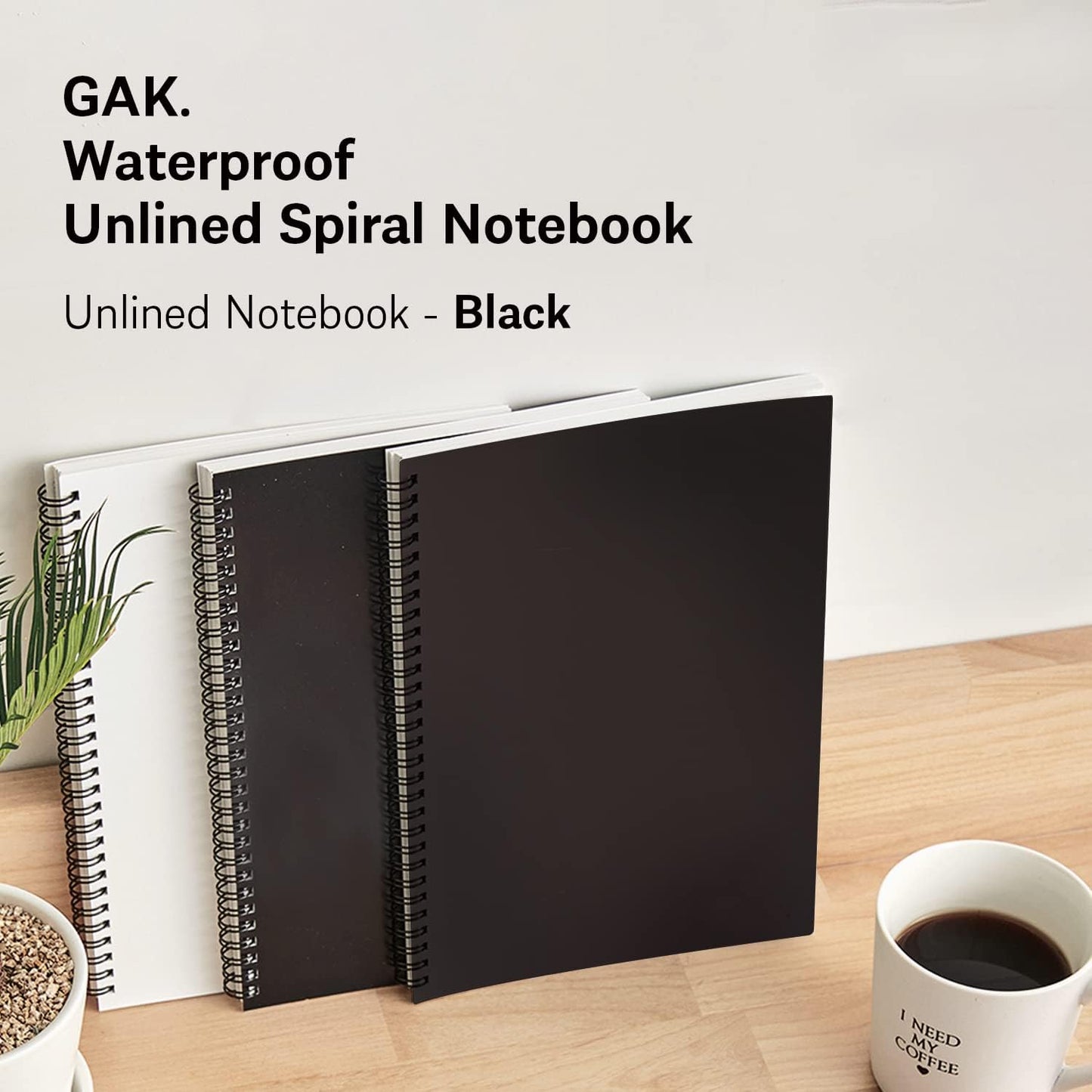GAK. Stone Paper Notebook | No Lines Spiral Notebook Waterproof Sheet Aesthetic Journal for Note Taking | Notebooks for Work & Aesthetic School Supplies | Medium Size, Black (5.8”x8.3”, 50 sheets)