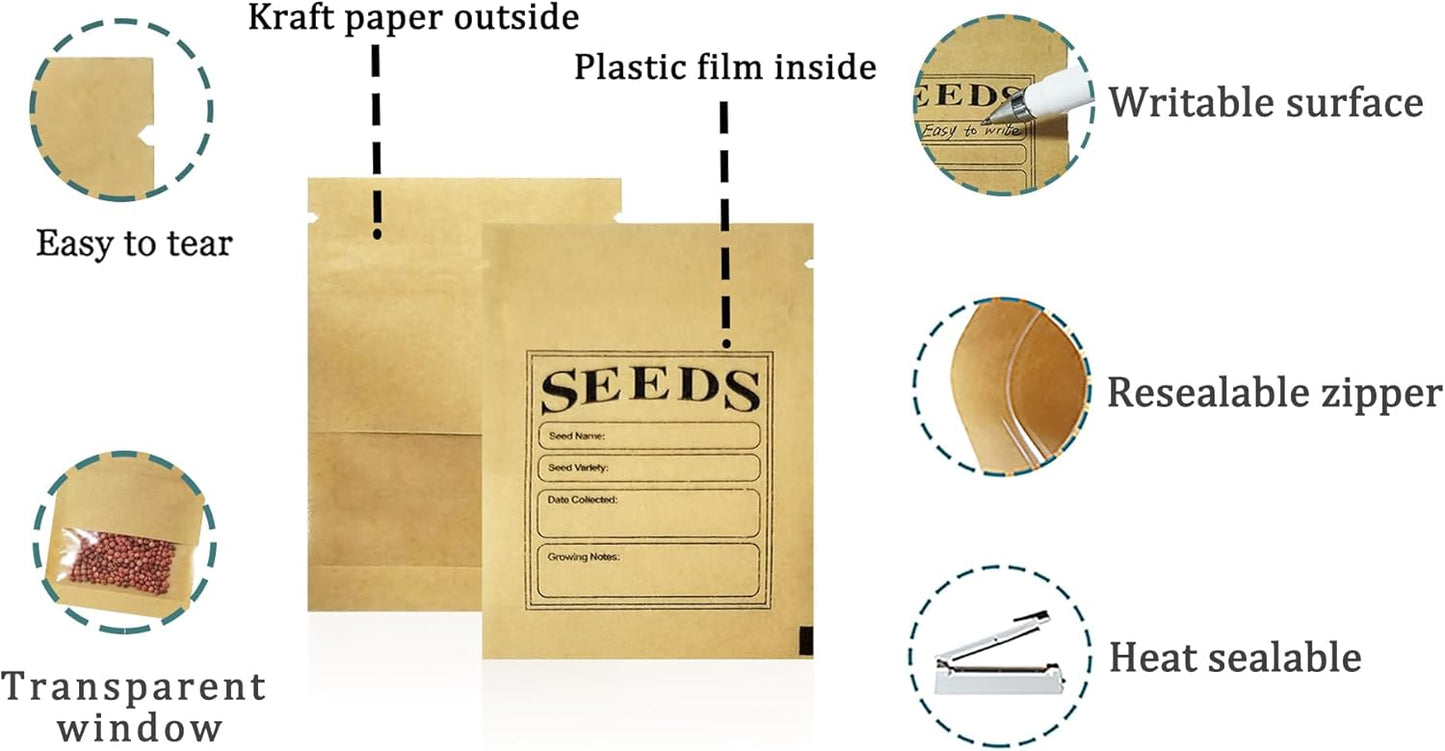 100 Pack Clear Window Small Resealable Seeds Packets Coin Envelopes 2.75x3.74 inch Brown Kraft Paper Sample Bag with Preprinted Seed Collecting Template for Seed Storage Organizer