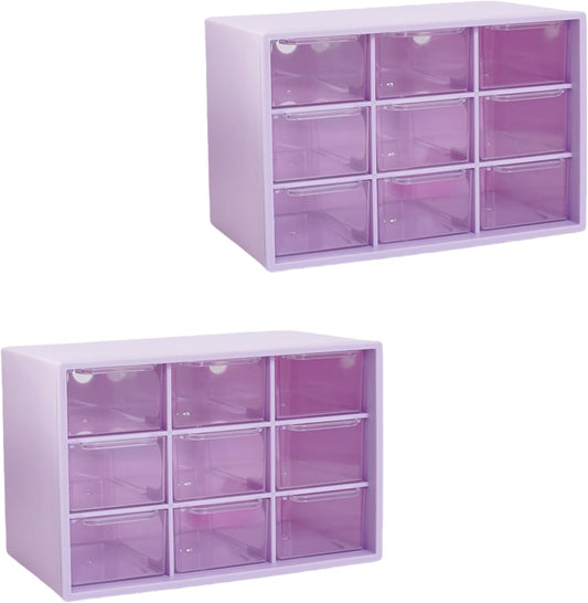 Feadily 2PCS Small Drawer Organizer for Desk, Desktop Drawer Organizer with 9 Clear Drawers, Plastic Desktop Storage Drawers 7.1 Inch x 3 .9 Inch x 4.7 Inch, Purple