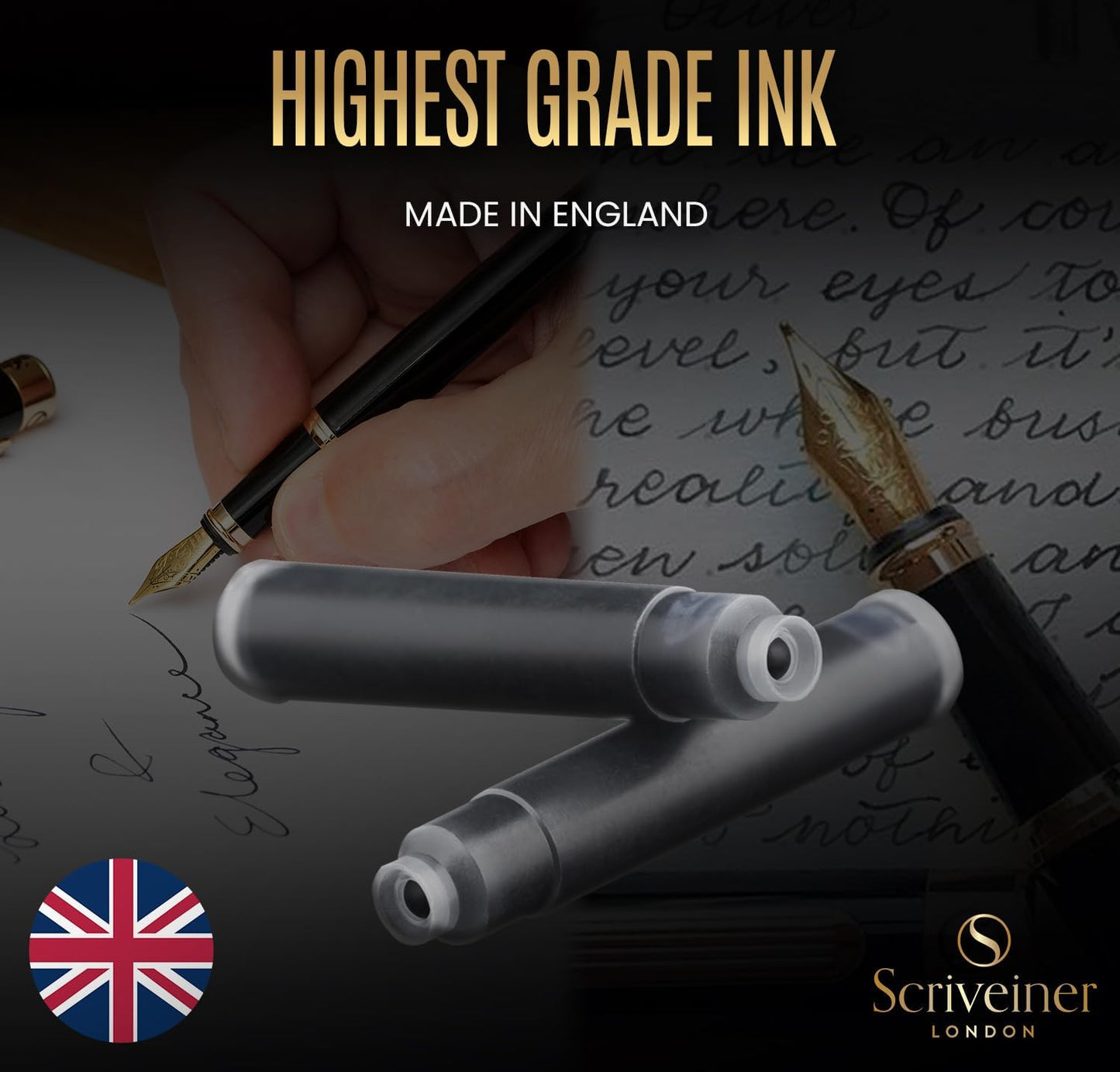Scriveiner Fountain Pen Ink Cartridges - Black - 20 Standard International, Made in UK, The Best Cartridge for Your Scriveiner Pen, Refill Size Fits A Wide Range of Fountain Pens