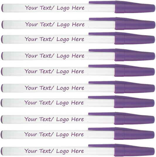 Personalized Stick Pens With your Custom Logo or Text-500 Pack Bulk-for Businesses, Parties, and Events, Custom Printed Slim Ballpoint Pens with Cap, Purple, Black Ink