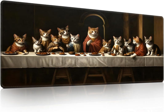 Artistic Cat Last Supper Mouse Pad, Adorable Cats in Religious Scenario Mousepad - Large Non-Slip Desk Mat for Office, PC, Laptop - 31.5"x11.8" x 3mm