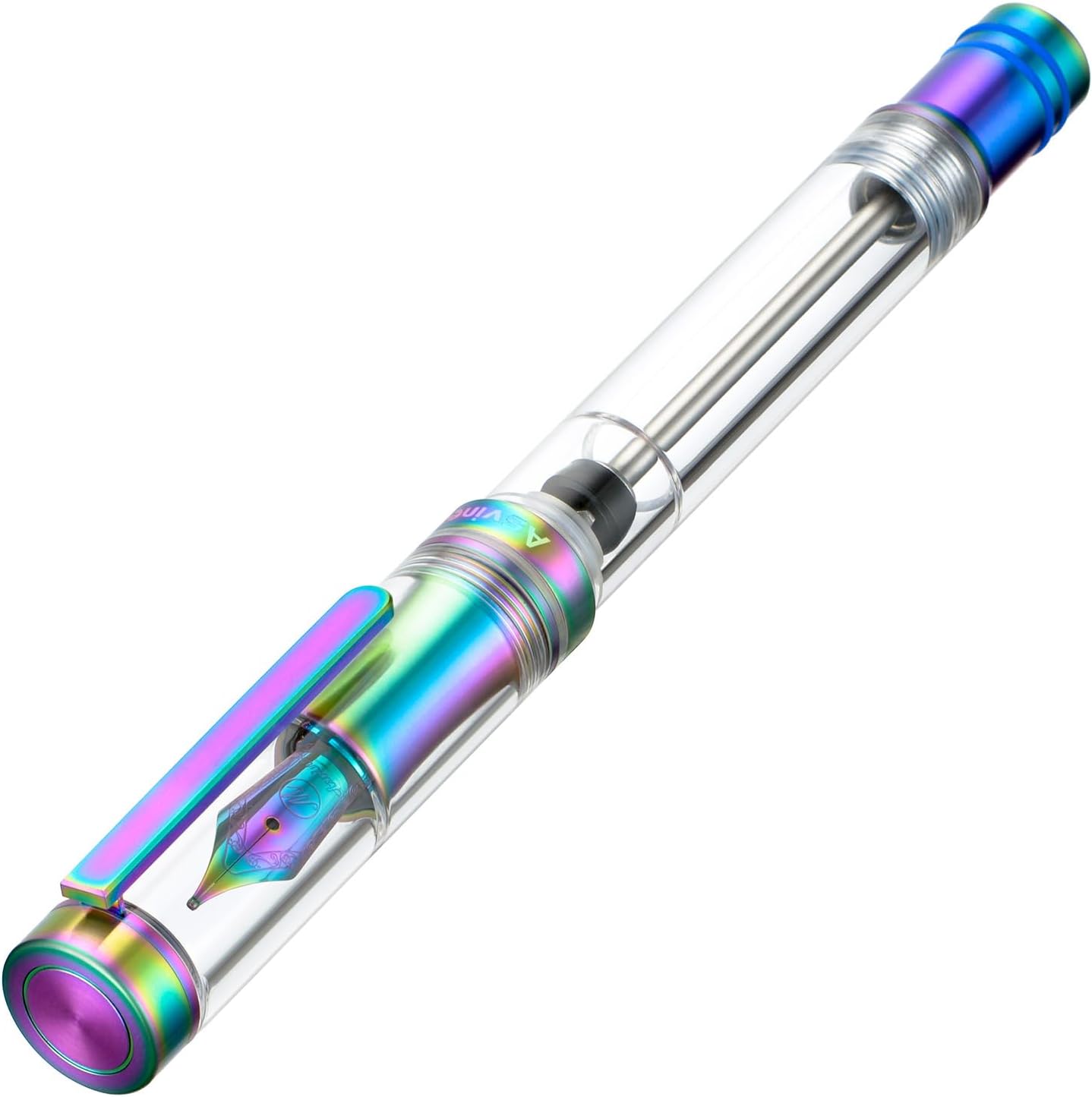 Asvine V200 Titanium Fountain Pen Vacuum Filling, Rainbow Medium Nib Clear Demonstrator Acrylic with Pen Case and Wrench