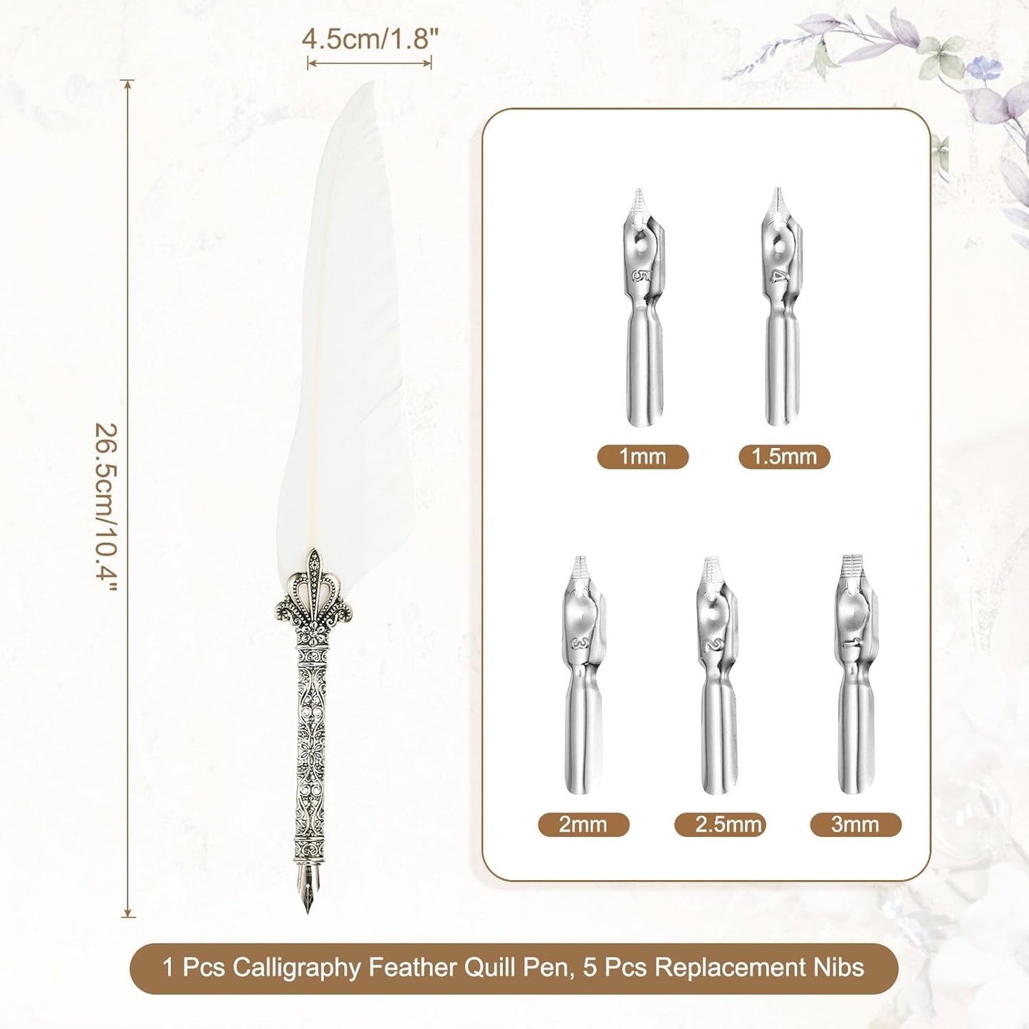 PATIKIL 26.5cm/10.4" Calligraphy Feather Quill Pen, Vintage Feather Dip Pen with 5 Replacement Nibs for Calligraphy Writing Wedding Office Gifts, White