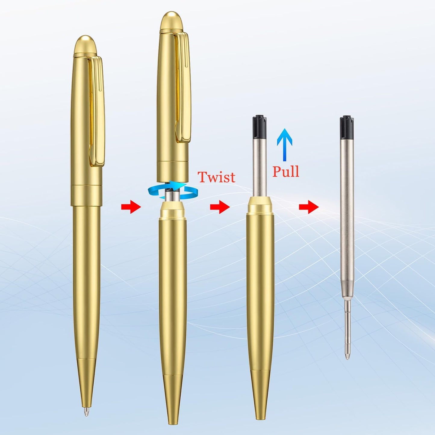 5 PCS Golden Ballpoint Pens with Extra Refills Set, 1mm Medium Point Black Ink, Great Smooth Writing Metal Pen for Business Office Teacher Student Wedding Guest Gift (Gold Trim)