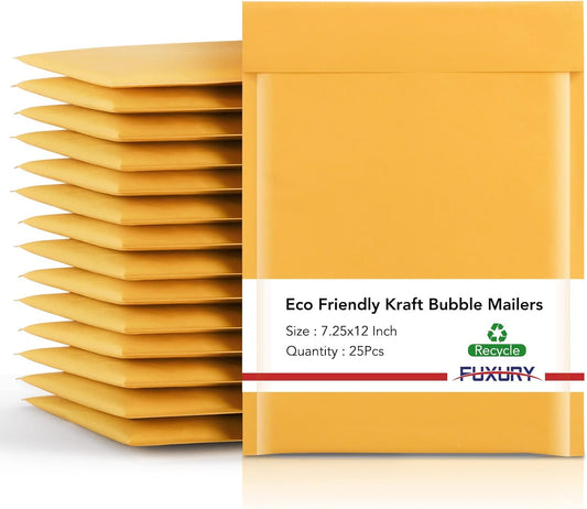 Fuxury Kraft Bubble Mailer 7.25x12 Inch 25 Pack，CD DVD Mailers,Strong Adhesion Padded Envelopes,Self Seal Bubble Envelope, Waterproof Cushioned Shipping Packaging for Small Business