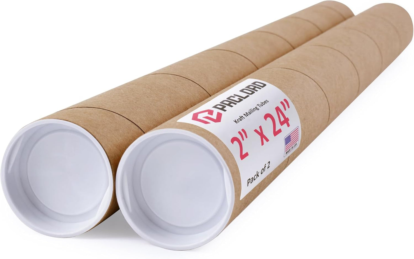 2" x 24" Reinforced Kraft Paper Mailing Tubes, Pack of 2 Tubes with 2 Caps Each – USPS Approved Poster Tube – Made in USA Cardboard Tube for Shipping and Storing Posters, Prints, Artwork, or Documents