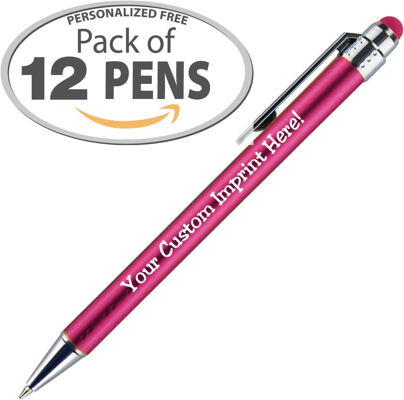Personalized Pens with Stylus Tip -Bright Vibes- Click action - Custom - Black writing - Printed Name pens - Imprinted with Your Logo or Message - FREE PERSONALIZATION - 12 Pens/Box (Assorted)