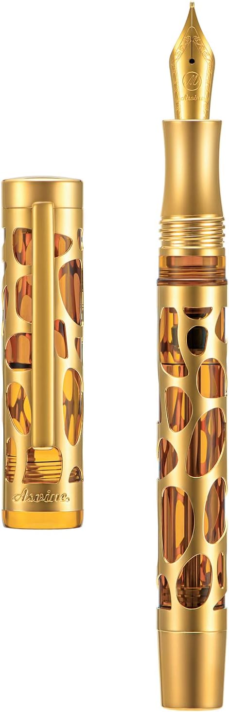 Asvine V169 Vacuum Filling Fountain Pen Medium Nib, Water Drop Skeleton Gold Trim Transparent Coffee Acrylic Pen Case Set