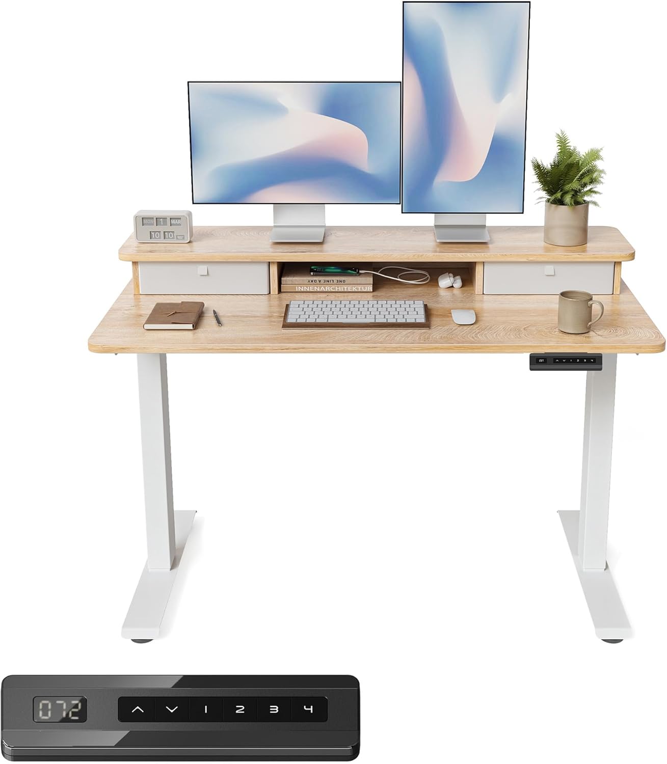 FEZIBO 48 x 24 Inch Height Adjustable Electric Standing Desk with Double Drawer, Computer Desk, Home Office Stand Up Table with 4 Height-Adjustable Feets & 2 Hooks, Maple