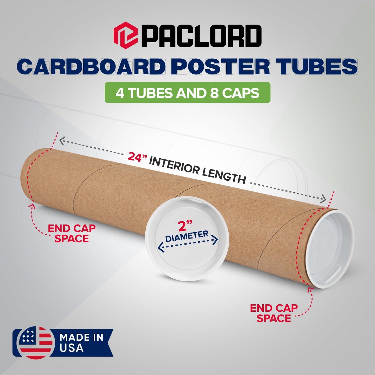 2" x 24" Reinforced Kraft Paper Mailing Tubes, Pack of 4 Tubes with 2 Caps Each – USPS Approved Poster Tube – Made in USA Cardboard Tube for Shipping and Storing Posters, Prints, Artwork, or Documents