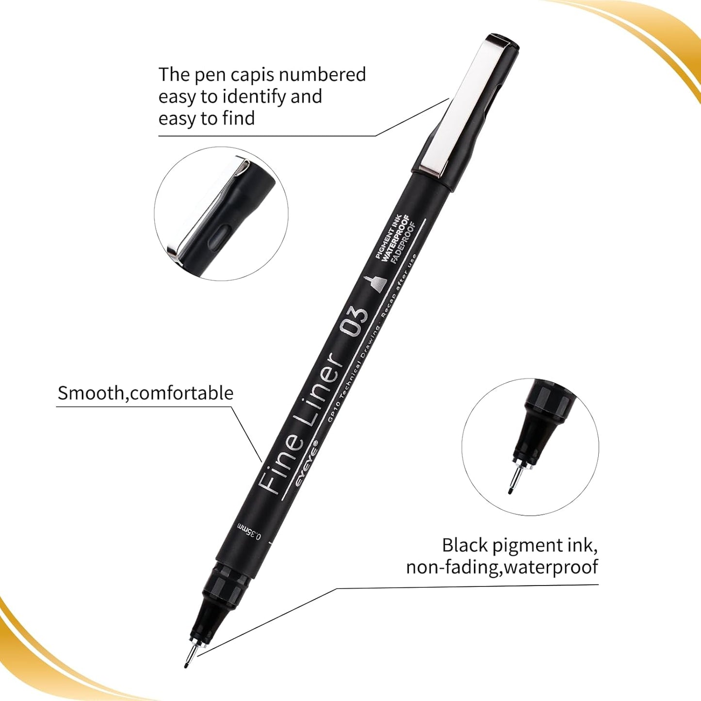 EYEYE Micro Pen Black Drawing Art Pens,6 Pack 0.25mm Archival Pen Waterproof Ink Set Artist Supplies Archival Inking Markers Sketch Outline Pens, Precision Drawing and Sketching Kit