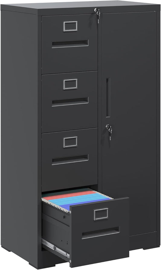 Filing Cabinets with Locks, 4 Drawers Cabinets Storage Units for Home Office, Black File Cabinet for Hanging File Folders Letter/Legal/A4/F4 Size (Easy Assemble)
