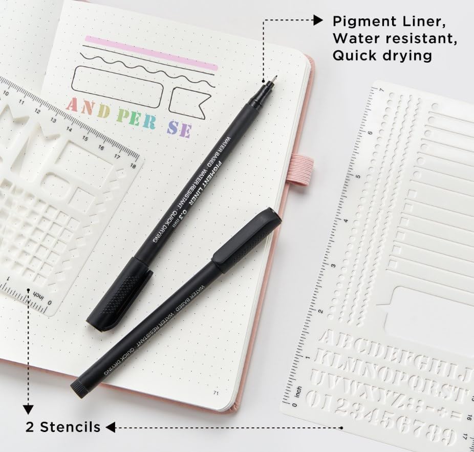 &And Per Se Bullet Dotted Journal Notebook, A5 Leather Hardcover, 176 Numbered Pages 100GSM Thick Dotted Paper, 2 Sheets of Stencils Included - 5.7'' x 8'' (Pink)