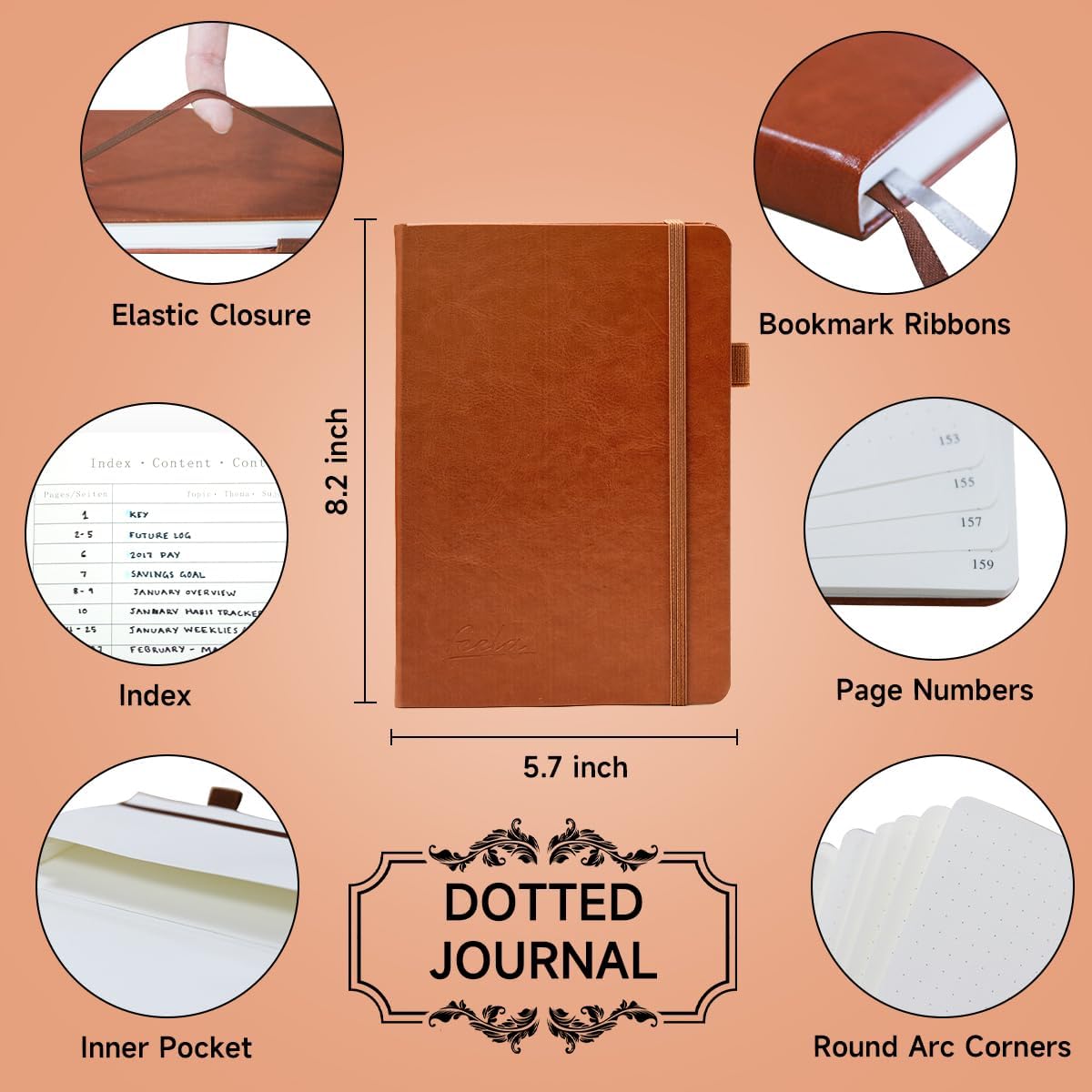 feela Dotted Journal Kit, Dot Grid Journal Hardcover Planner Notebook Set For Beginners Women Girls Note Taking with Journaling Supplies Stencils Stickers Pens Accessories, A5, 224 Pages, Brown