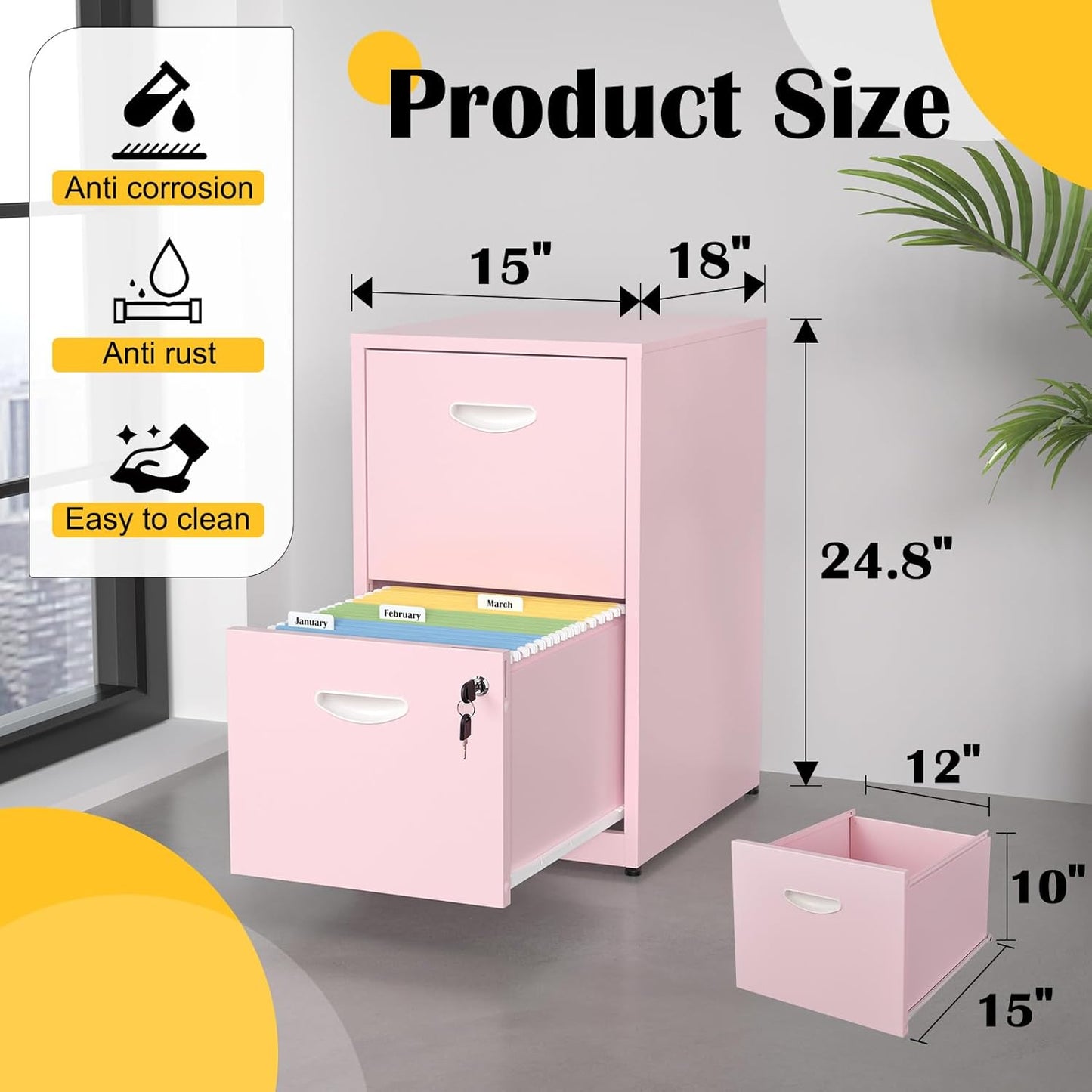 2 Drawer File Cabinet with Lock,Pink Metal Office Drawers Filing Cabinets for Home Office, Two Drawer Under Desk File Cabinet for Hanging Letter,Easy Assemble