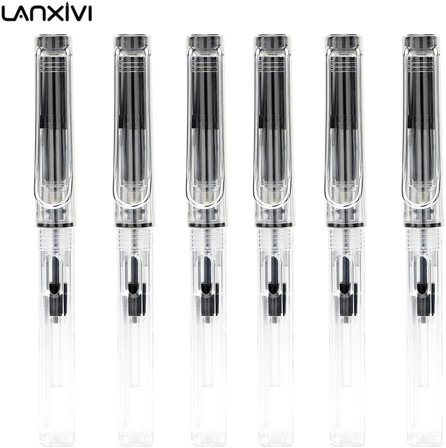Lanxivi Yongsheng Calligraphy Fountain Pen Set Transparent Clear, 6 Assorted Tip Sizes for Art Drawing and Writing Signature