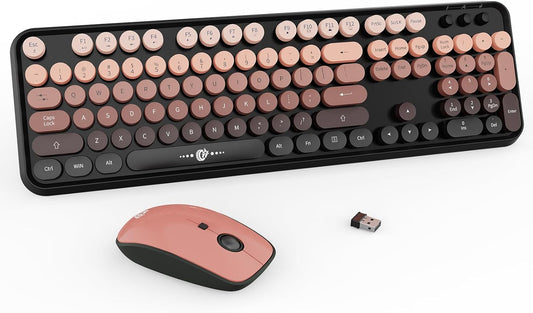 FD Wireless Keyboard and Mouse Combo - 2.4G Full-Sized Cute Colorful Mouse and Keyboard with 104 Round Keys Retro Typewriter Keyboard for Laptop/Windows/PC - Black Gradient