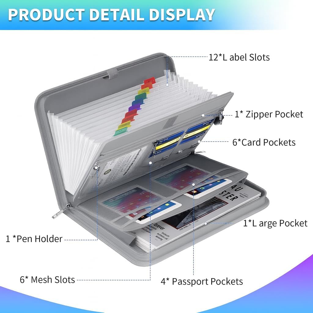 Folio Document Organizer (Grey), Durable 13-Pocket Expanding File Folder with Handle & Labels, Portable A4/Letter Organizer for Home Office, School & Travel