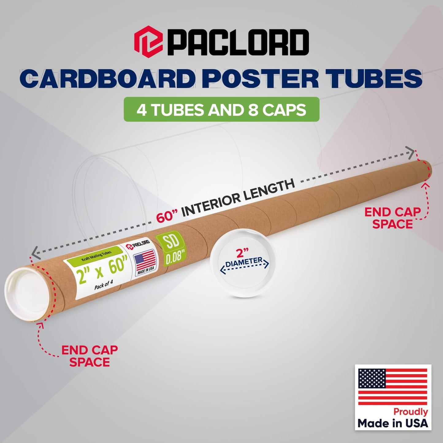 2" x 60" Reinforced Kraft Paper Mailing Tube, Pack of 4 Tubes with 8 Caps – Secure USPS Approved Poster Tube – Cardboard Tube for Shipping and Storing Posters, Prints, Artwork, or Documents