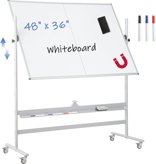 FORTUNO Magnetic Mobile Whiteboard 48"x36", Rolling Double Sided Dry Erase Board with Stand, Reversible Adjustable Height/Angle Easel White Board on Wheels 4' x 3' for Office Classroom Home