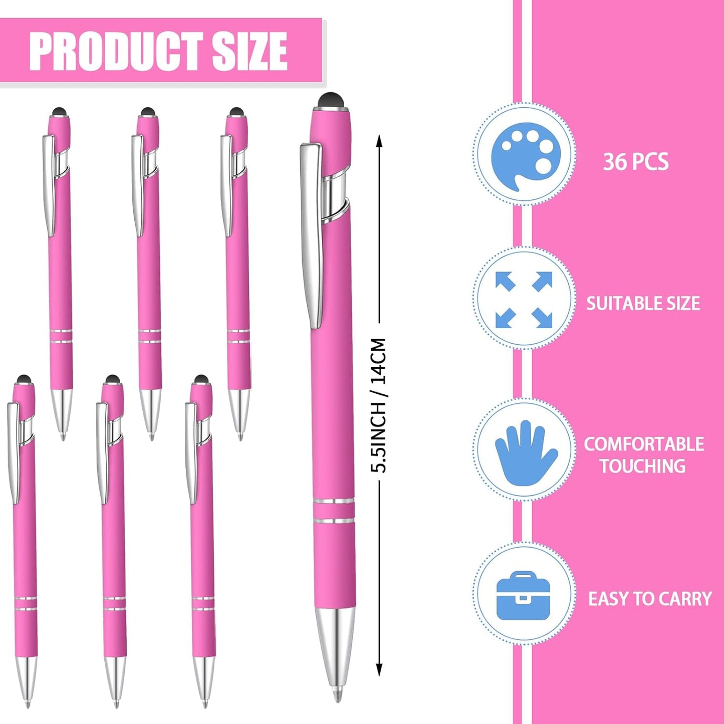 36 Pcs Blue Ink Ballpoint Pen with Stylus 2 in 1 Ballpoint Pen for Touch Screens School Office Coworkers (Hot Rose)