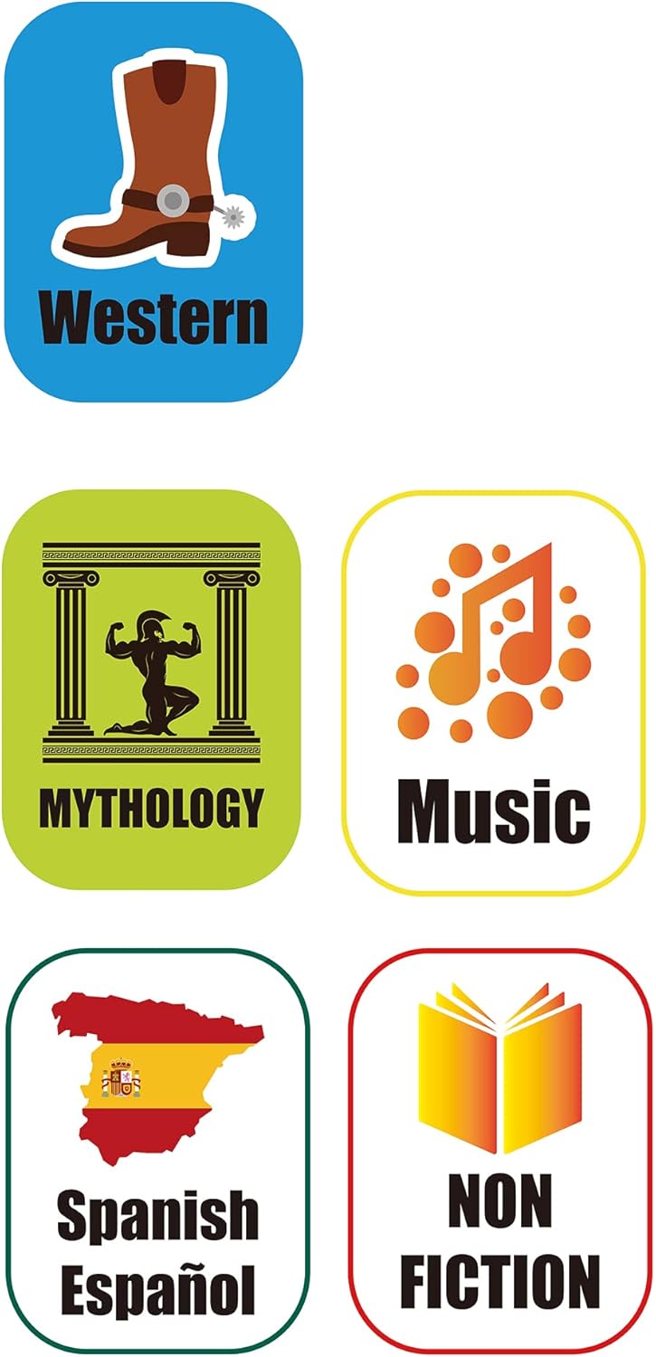 Genre Book Spine Labels for Library | Classroom Library Classification Stickers 450pcs | Nonfiction,Western,Mythology,Spanish,Music