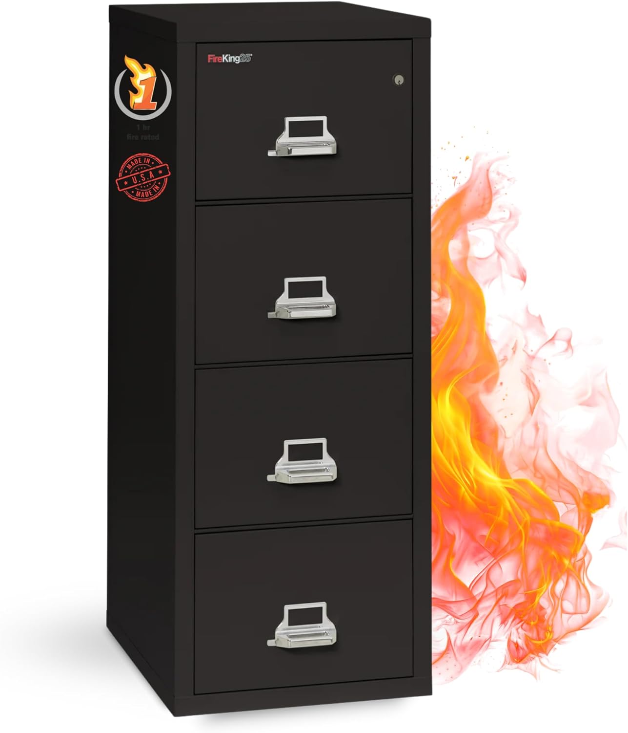 FireKing Fireproof Vertical File Cabinet (4 Letter Sized Drawers, Impact Resistant, Waterproof), 52.25" H Black, 18 W x 25 D, (41825CBL)
