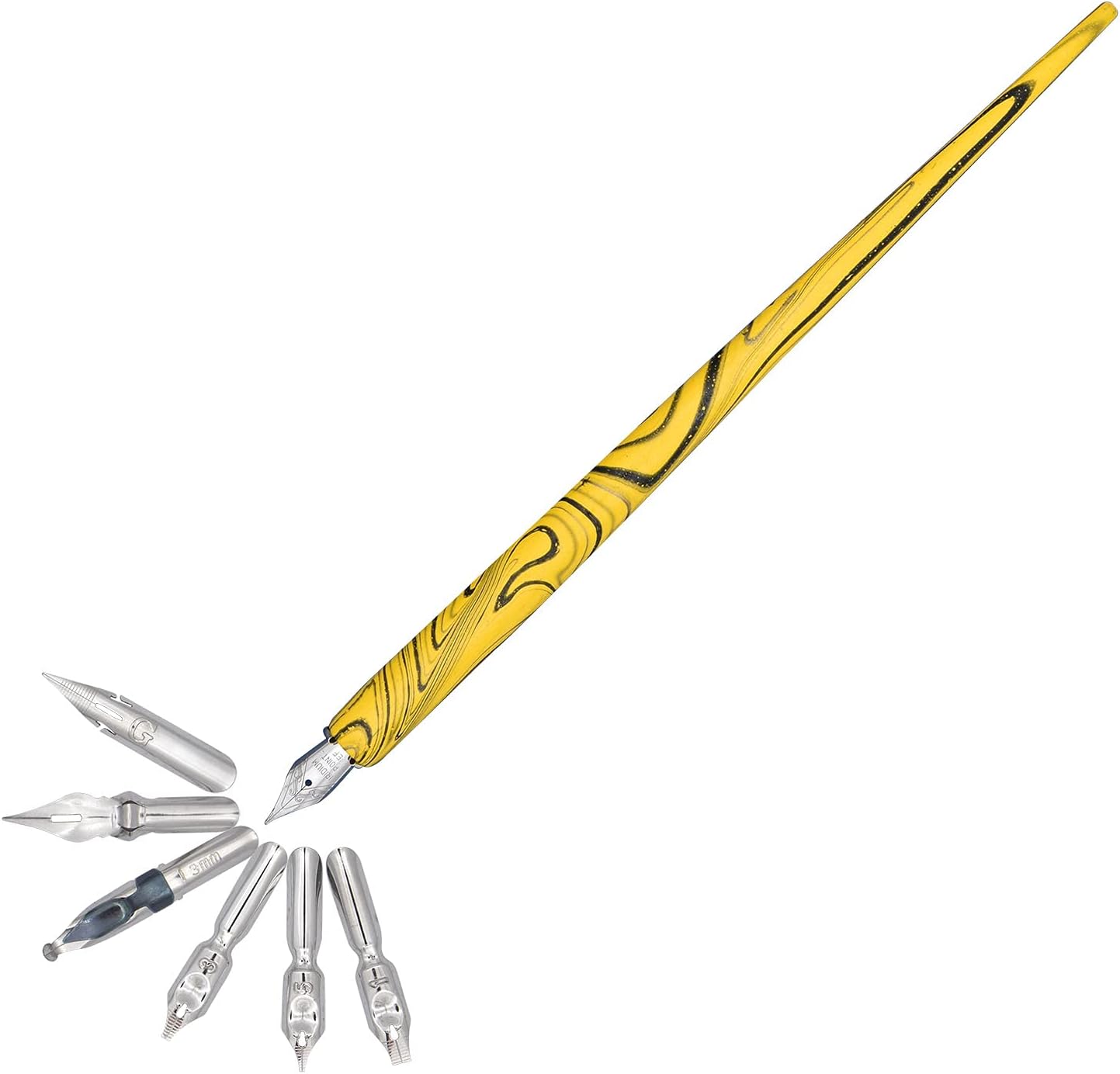 Gullor Wooden Dip Pen Calligraphy Set with Black Ink & 6 Nibs for Beginners, Kids, Writing, Signatures and Drawing, Yellow