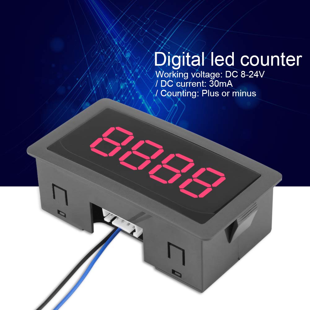 FTVOGUE Auto Digital Counter DC LED Digital Display 4 Digit 0-9999 Up/Down Plus/Minus Panel Counter Meter with Cable(Red)