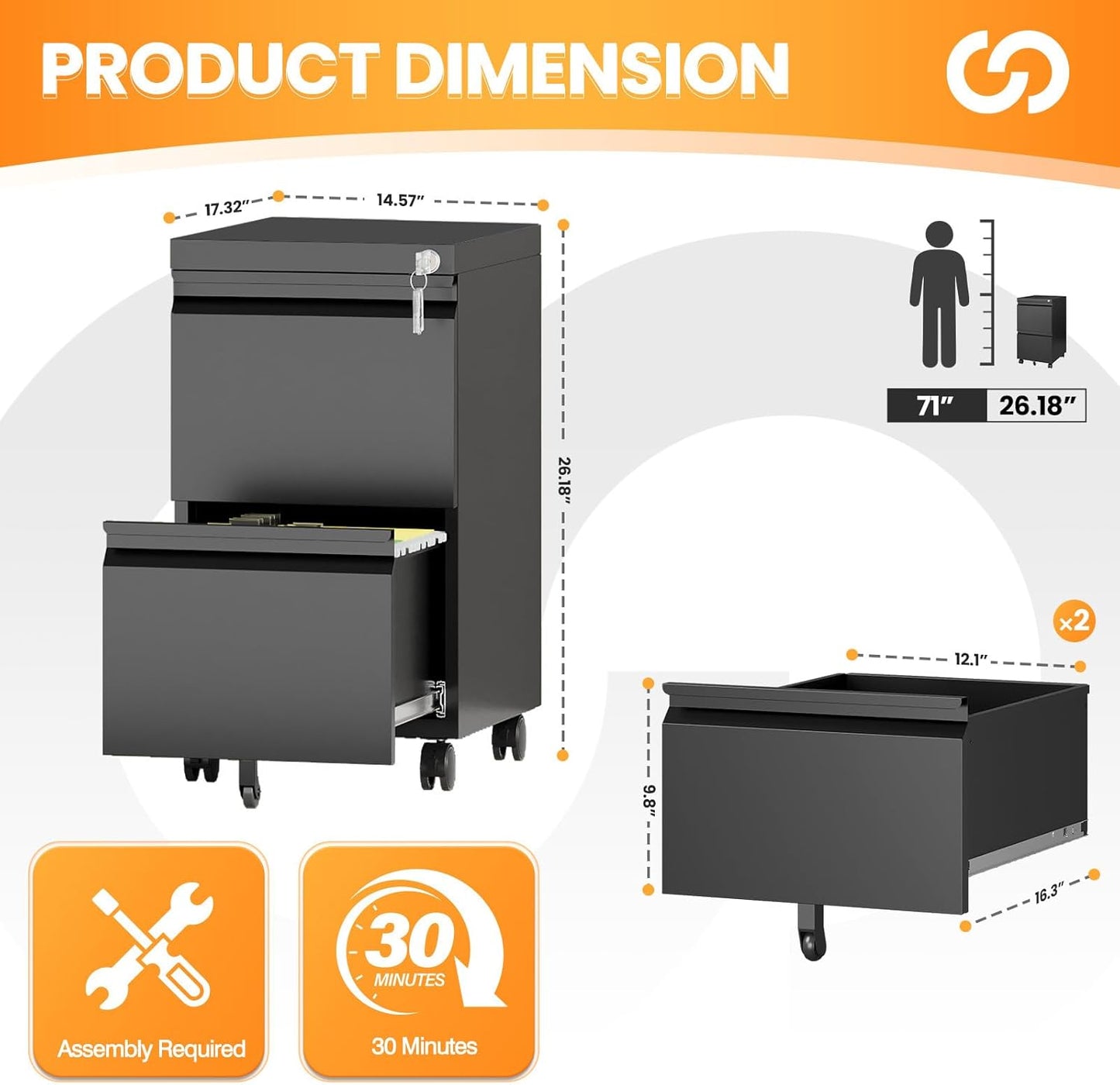 2 Drawer File Cabinet with Lock, Rolling File Cabinets for Home Office, Small Metal Filing Cabinet Office Drawers Under Desk for Letters/Legal/A4 Size, Assembly Required