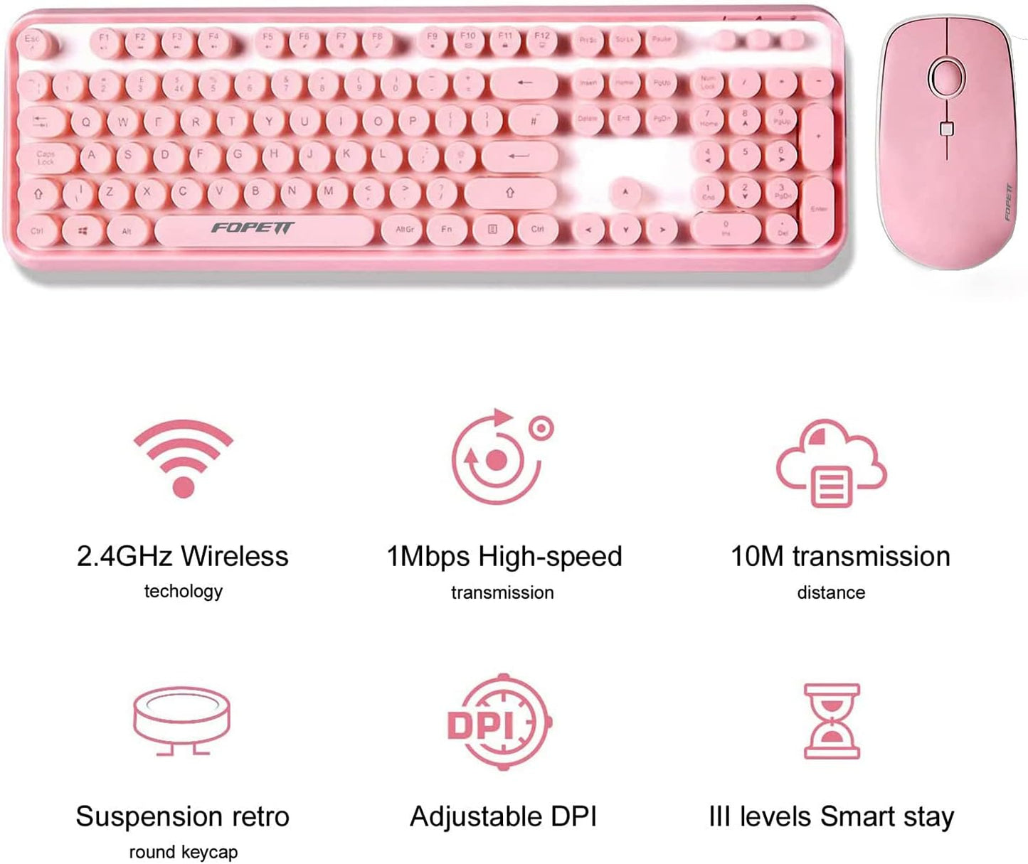 FOPETT Wireless Keyboard and Mouse Combo, 104 Keys Full-Sized 2.4 GHz Round Keycap Colorful Keyboards, USB Receiver Plug and Play, for Windows, Mac, PC, Laptop, Desktop (Pink)
