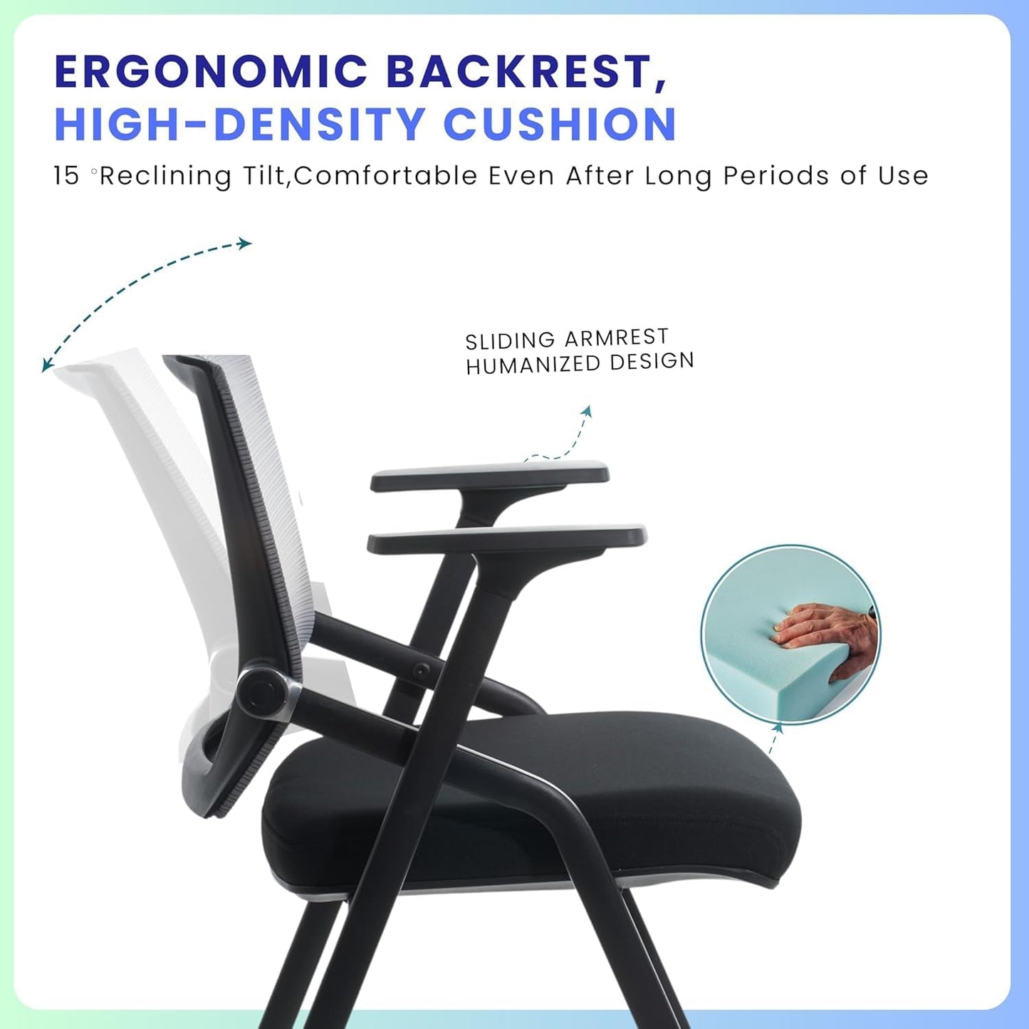 10 Pack Foldable Office Chair with PU Wheels and Sliding Armrest-Ergonomic Mesh Bouncing Back, Stackable Conference Room Chair, Office Guest & Reception & Meeting Chair (Black)