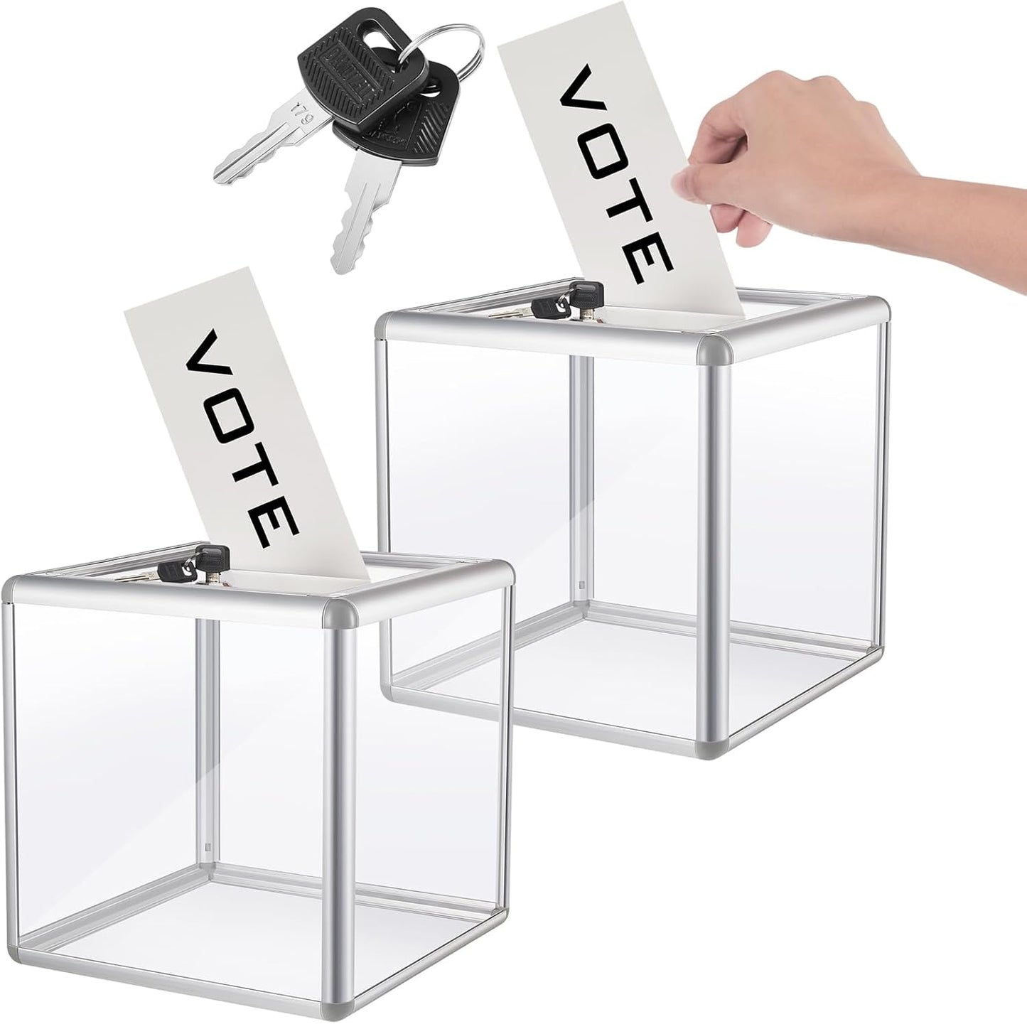2 Pcs 6 x 6 x 6 in Acrylic Donation Raffle Box with Slot & Lock, Large Clear Ballot Offering Suggestion Ticket Container for Fundraising Drawing Tip Jar Voting (Clear)