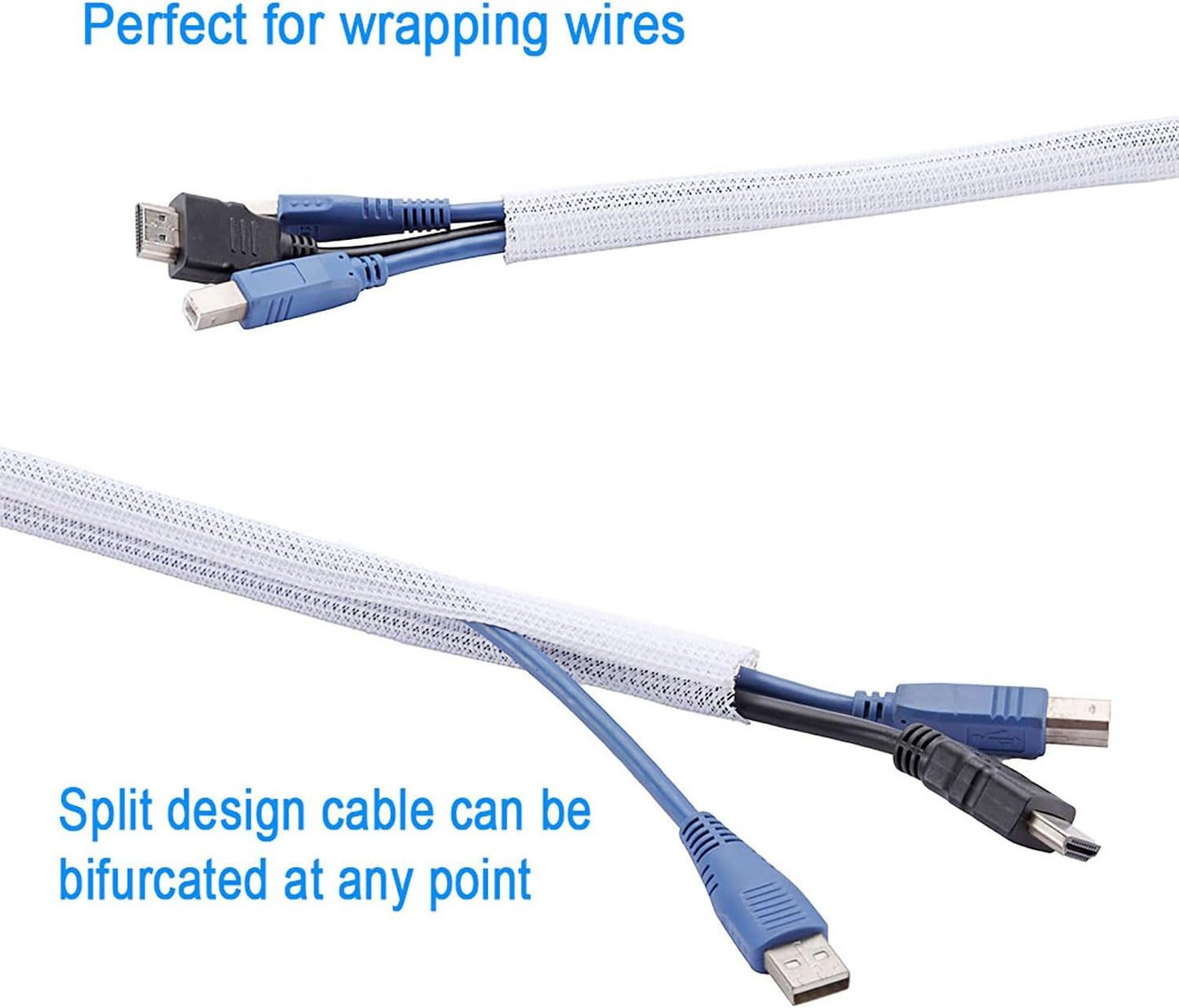 1/4" x50ft Split Sleeve Cable Organizer - Wire Protector Sleeving for Desk, PC, TV, Home Office | Cord Management Cover, Easy Install, White