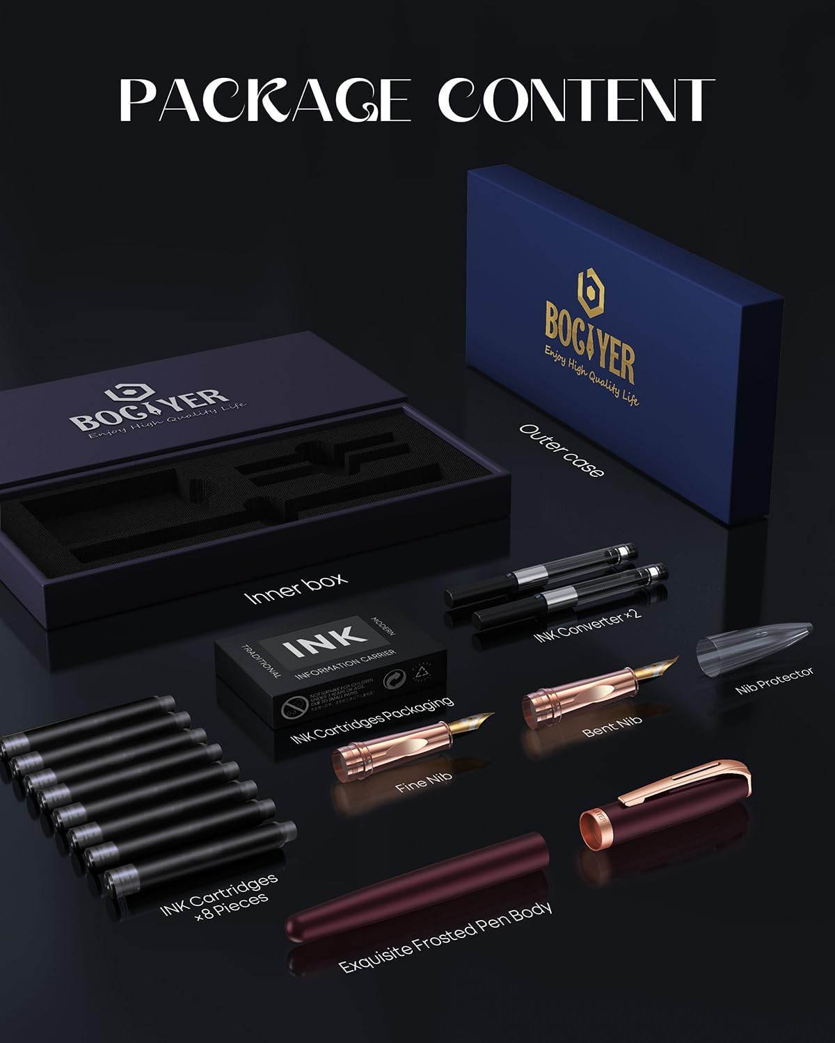 samurai Fountain Pen Set,Hand Polished Medium Nib,Calligraphy Nib(Bent Nib),Includes 8 Ink Cartridges,Ink Refill Converter*2 And Gift Box,Best Pen Gift Set for Men & Women(Dark red)